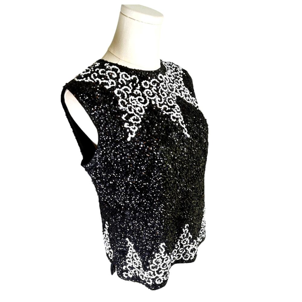 Vintage Hand Beaded Sequin Wool Top Vest L Black White Hong Kong Glam Western